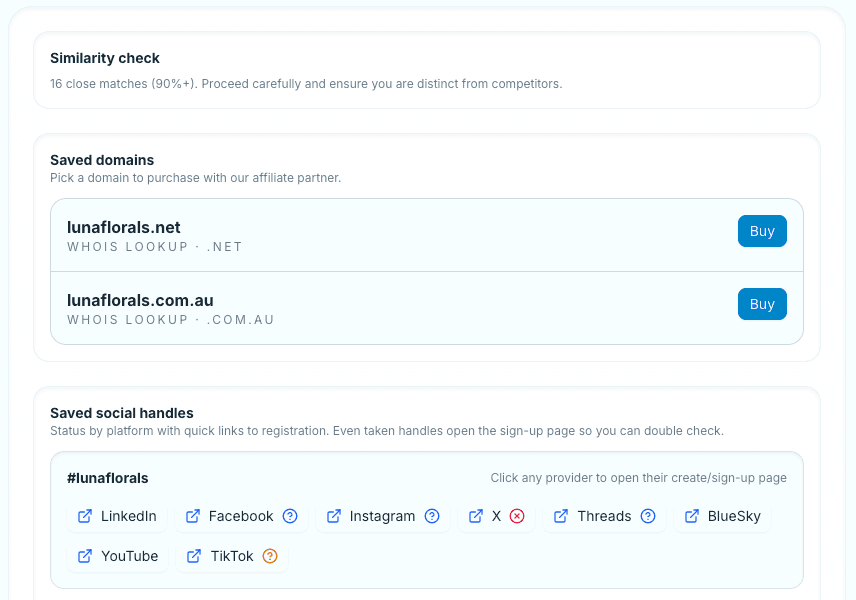 Summary of shortlisted domains and handles Summary of shortlisted domains and handles